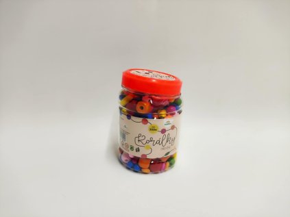 Korálky dřevěné barevné s gumičkami cca 300ks v plastové dóze 7x11cm