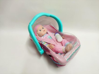 Panenka miminko 30cm plast v nosítku/autosedačce s lahvičkou v blistru
