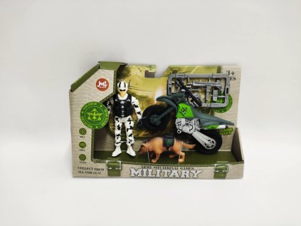 Vojenská sada plast motorka, voják, pes s doplňky v krabici 23x14x4cm
