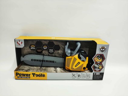 Motorová pila řetězová nářadí plast 42cm na baterie se zvukem se světlem v krabici 43x19x10cm