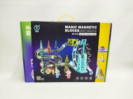 Kuličková dráha magnetická plast 80ks 16 kuliček + doplňky na baterie se světlem v krabici 47x35x9cm