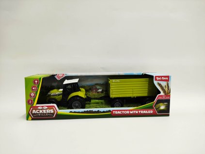 Traktor s vlekem plast 24cm na volný chod na baterie se světlem, zvukem v krabici 29x9cm