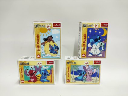Minipuzzle Stitchova dobrodružství 54 dílků 4 druhy v krabičce 9x6,5x4cm