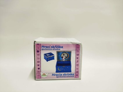 Skříňka šperkovnice jednorožec hrající na natažení dřevo odklápěcí vrch modrá 12,5x10,5cm v krabičce