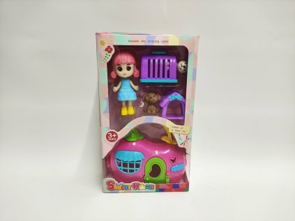 Panenka s domečkem s mazlíčky 2ks plast s doplňky  v krabičce 14x24x6cm