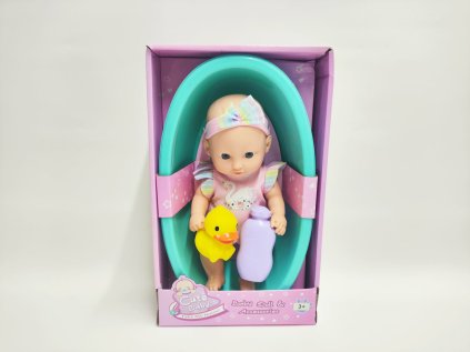 Panenka miminko 26cm pevné tělo plast s vaničkou s doplňky v krabici 20x33x10cm