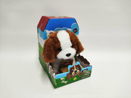 Pes Max chodící štěkající plyš/plast 15 x12cm na baterie se zvukem s pohybem v krabici 13x19x18cm