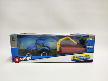 Traktor Bburago New Holland s vlekem kov/plast v krabici 32x11x7,5cm