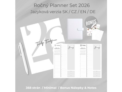 Tlačený ročný dátovaný denný planner SET 2026 – A5 minimal štýl | SK / CZ / EN / DE
