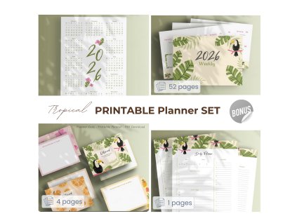 Tropical planner set – PDF na tlač (Denný, Týždenný, Kalendár, Notes, Meal planner)