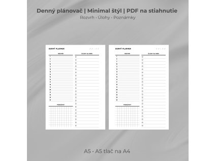Denný plánovač Minimal Style PDF na stiahnutie A5 • A4 Calendar • Tasks • Checklist