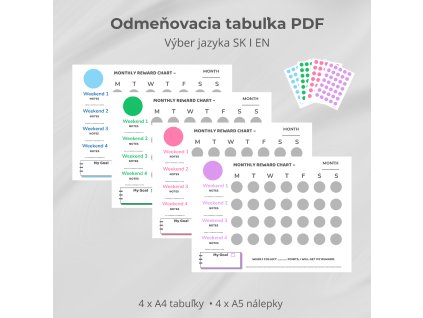 Mesačná odmeňovacia tabuľka pre deti – PDF + samolepky (4 farby)