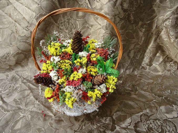 Košíček ze štětky soukenické - přírodně zdobený - jutová mašle zelená