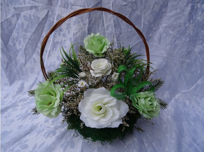 MECHOVÝ KOŠÍK VELKÝ - ZELENÝ - ZDOBENÝ UMĚLÝMI RŮŽEMI