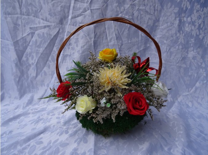 MECHOVÝ KOŠÍK VELKÝ - ZDOBENÝ UMĚLÝMI KVĚTY - BAREVNÝ