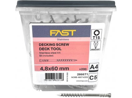 Vruty terasové FAST Decking Screw 4,8x60 Nerez A4, TX15, vč. prodlouženého bitu (200 ks)