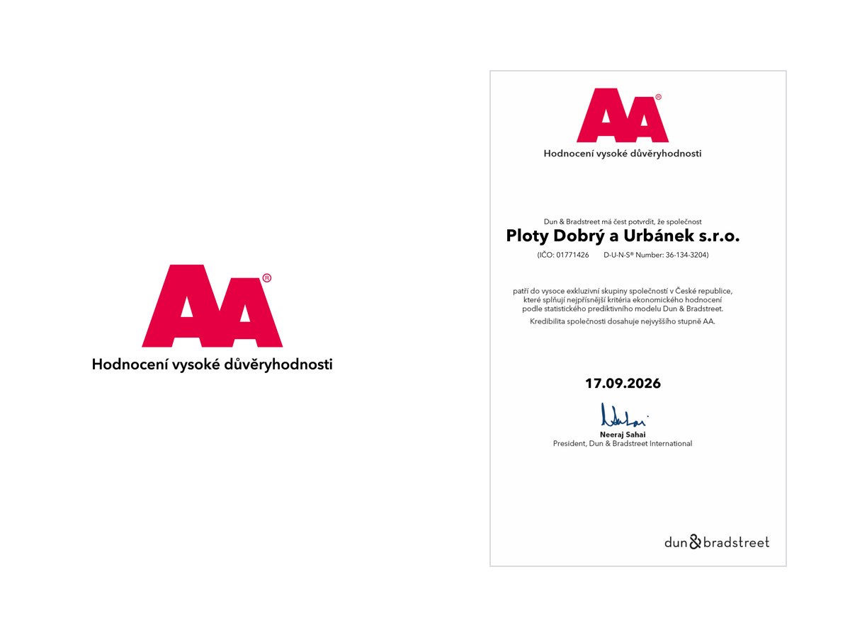 Certifikát Dun & Bradstreet s hodnocením vysoké důvěryhodnosti AA pro společnost Ploty Dobrý a Urbánek s.r.o.