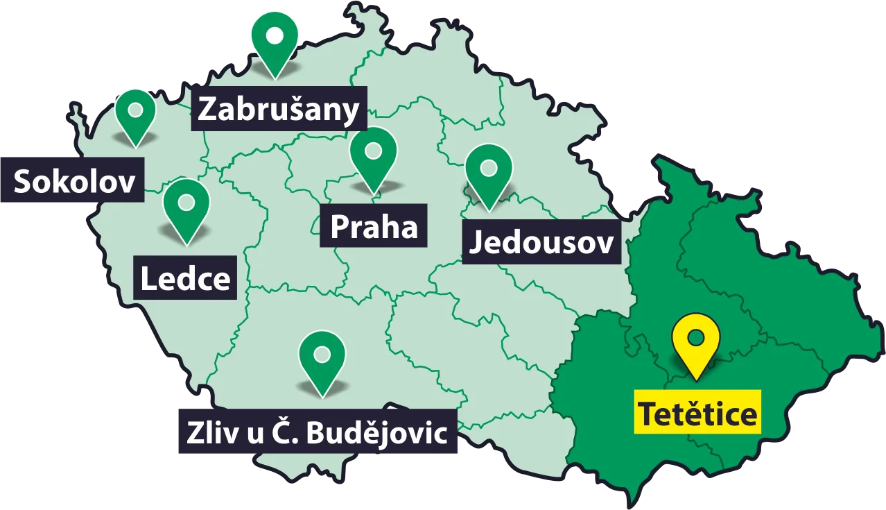 Mapa poboček Ploty Dobrý – aktuální pobočka Tetětice u Kroměříže