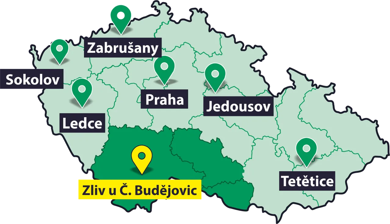 Mapa poboček Ploty Dobrý – aktuální pobočka Zliv u Českých Budějovic