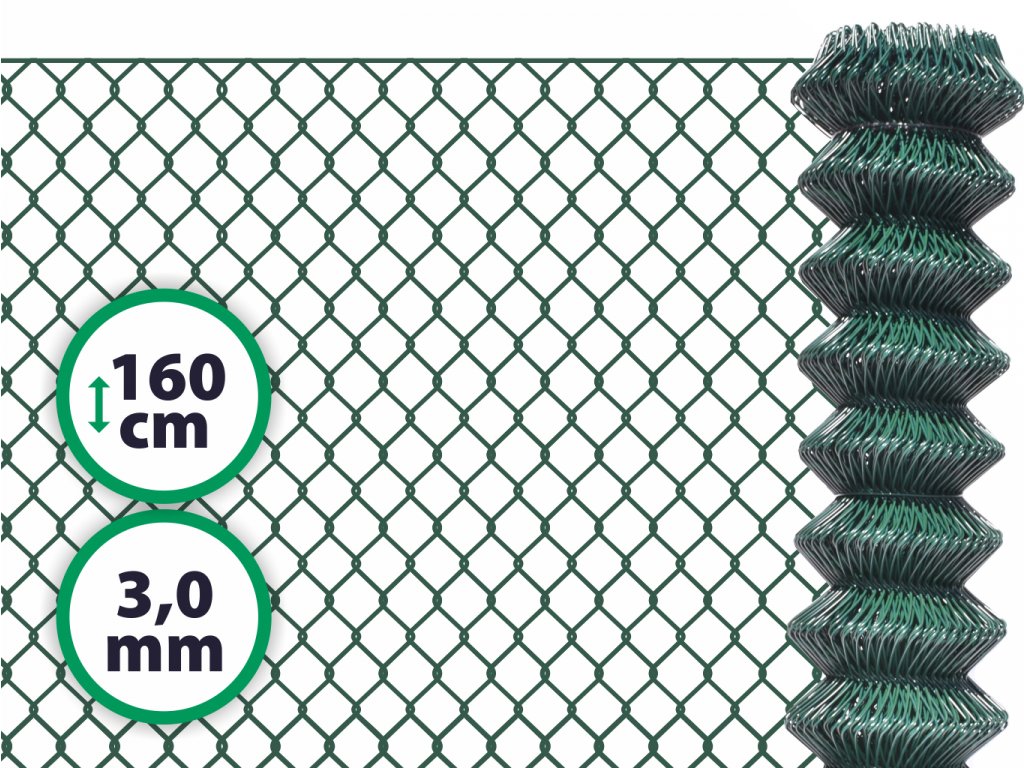Čtyřhranné klasické pletivo na plot – PVC zelené SUPER bez ND 160 cm 3,0 mm