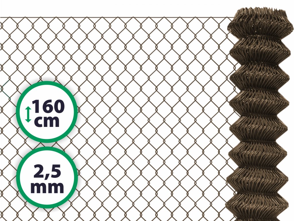 Čtyřhranné klasické pletivo na plot – PVC hnědé bez ND 160 cm 2,5 mm