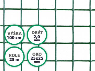 Pletivo na voliéry Zn+PVC zelené, oko 25 x 25 mm, drát 2,0 mm, výška 100 cm, role 25 m