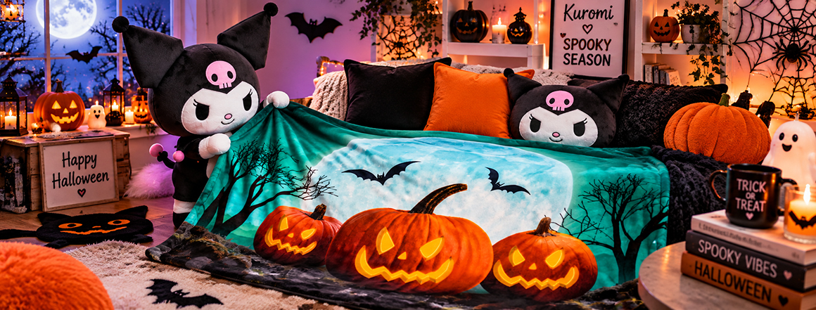 Halloweenská deka s dýněmi, polštářek Kuromi a dekorační polštáře – Halloween kolekce