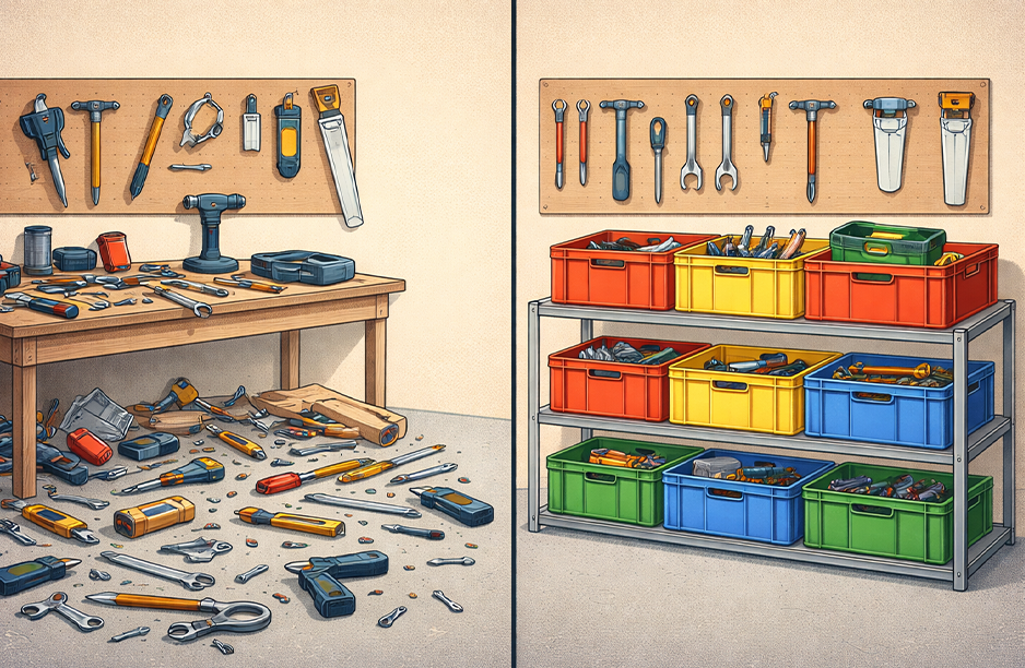 Jak si uklidit dílnu pomocí plastových přepravek