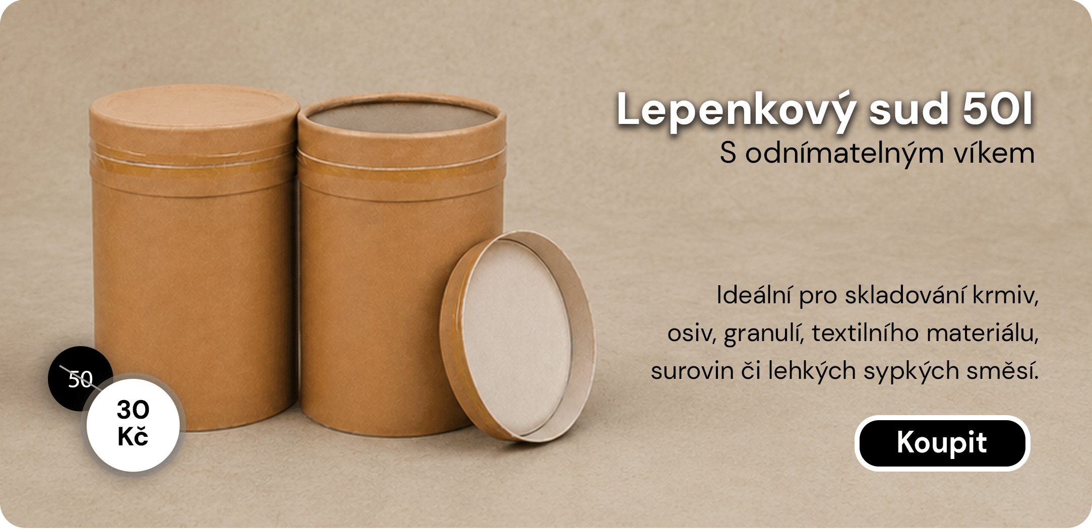 Lepenkový sud 50l s akční cenou za 30 Kč z původních 50 Kč.