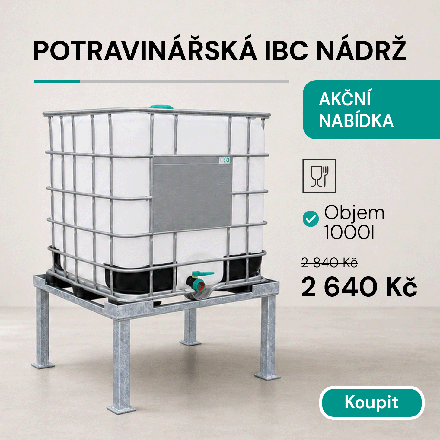 IBC kontejner na potraviny za zvýhodněnou cenu 2640 Kč z původních 2840 Kč. Zlevněno o 200 Kč.