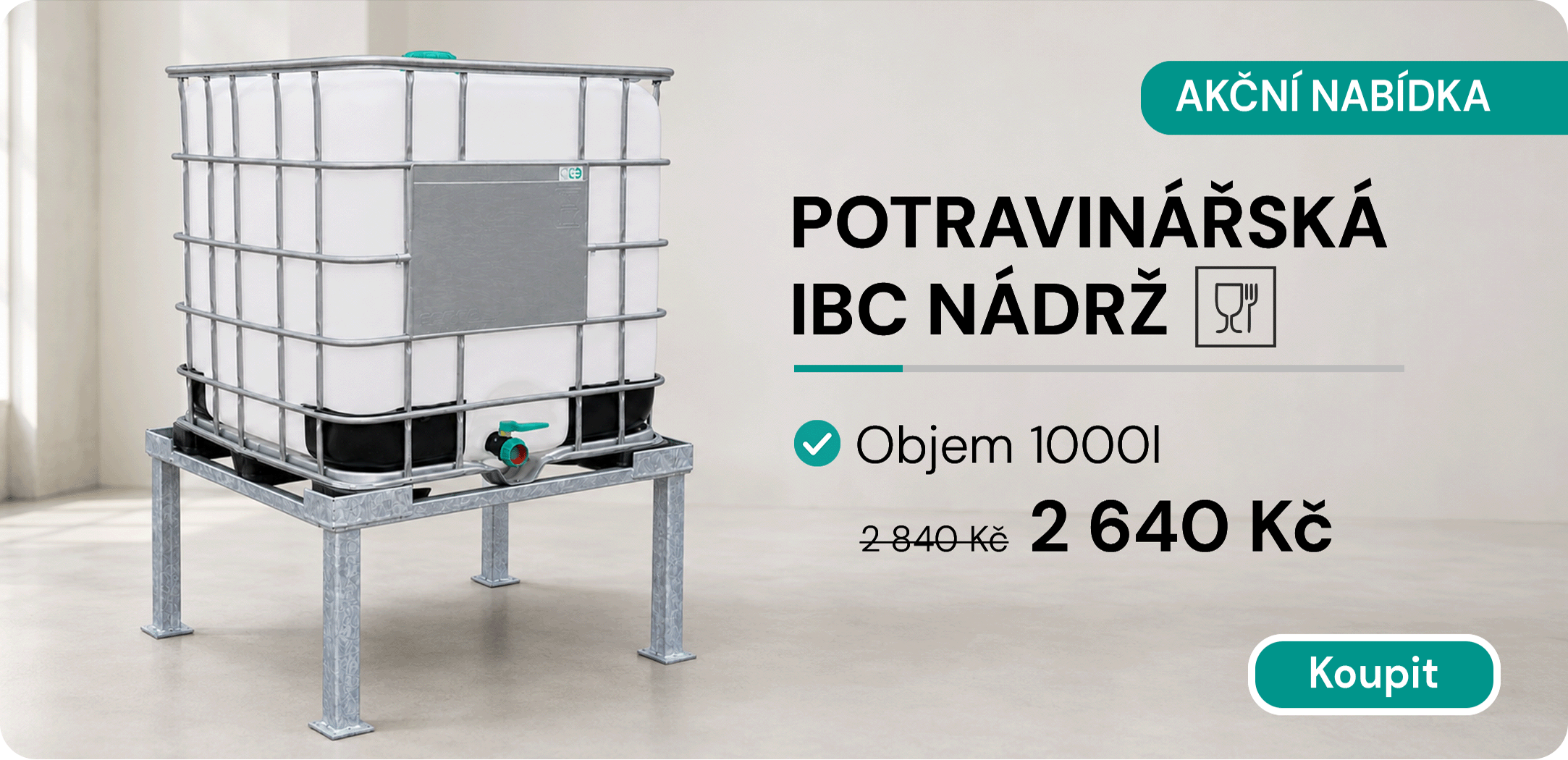 IBC kontejner na potraviny za zvýhodněnou cenu 2640 Kč z původních 2840 Kč. Zlevněno o 200 Kč.