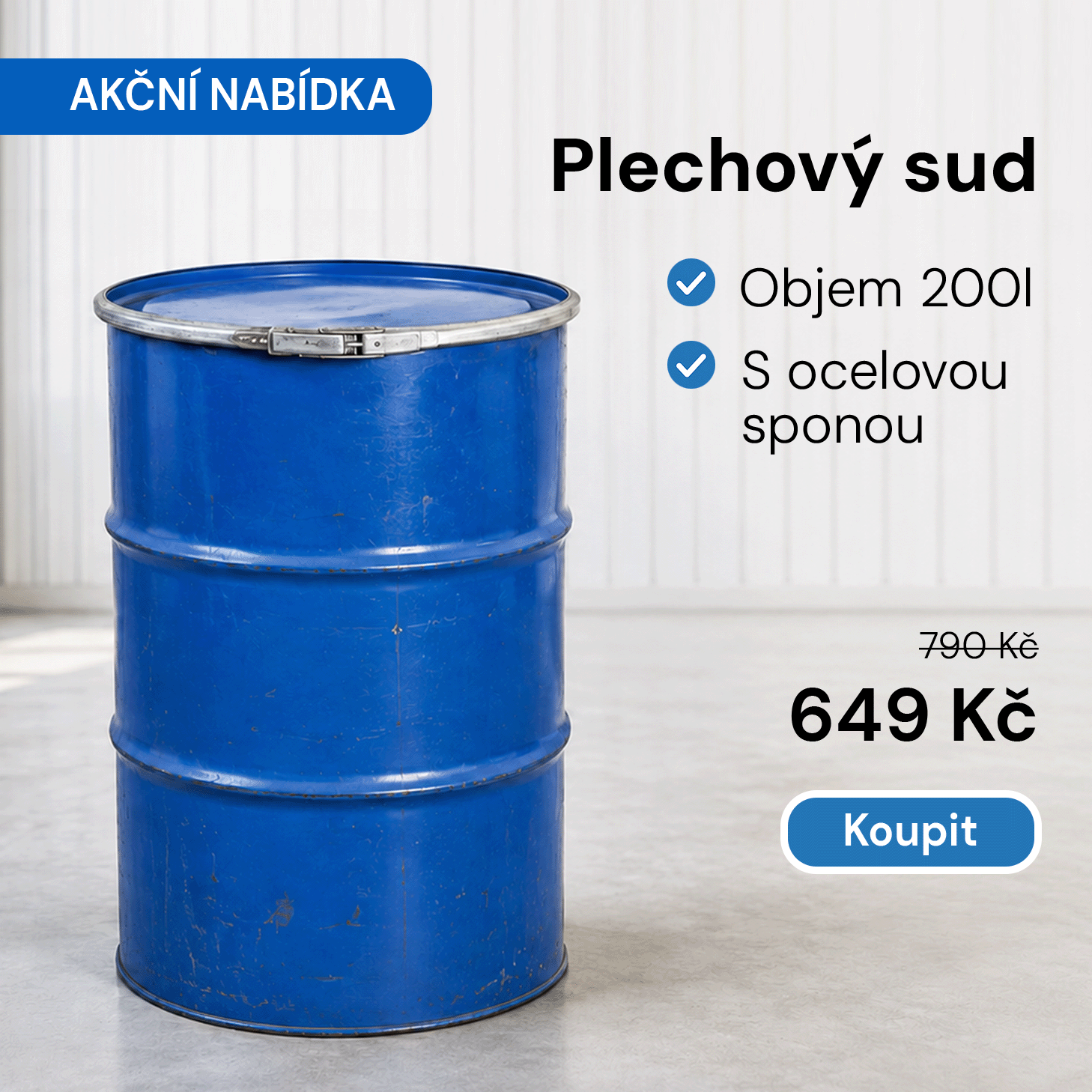Plechový sud 200 l modrý, se sponou, AKČNÍ CENA 650 KČ