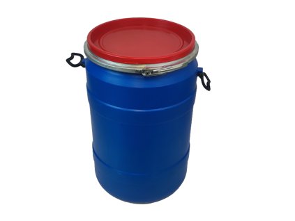 Plastový sud 100 l se sponovým uzávěrem, polohovatelnými madly a plastovým víkem.