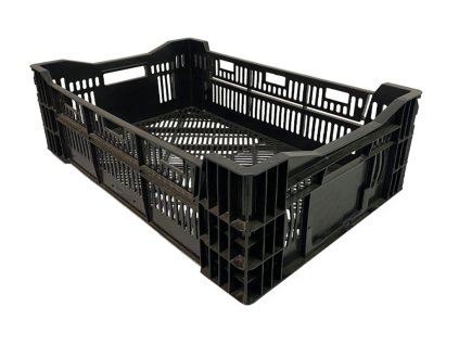 Zelinářská plastová přepravka o výšce 19 cm.