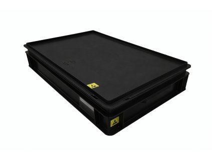 Antistatická ESD přepravka RAKO 60 × 40 × 12 cm s víkem.