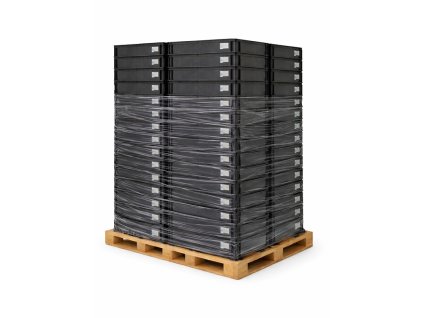 Plastové přepravky RAKO 60×40×12 cm s víkem naskládané na paletě.