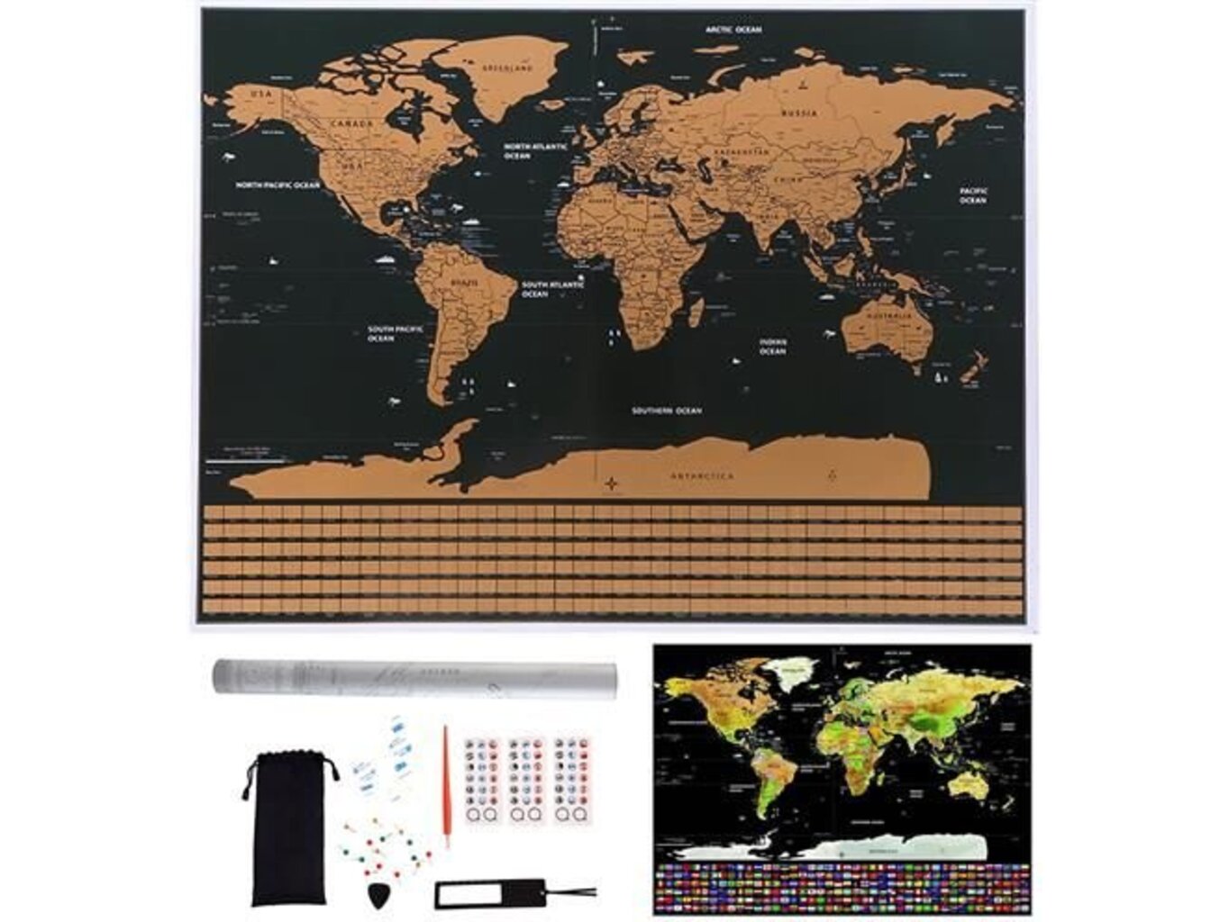 Velká Stírací mapa světa s vlajkami Deluxe 82 x 59 cm černá