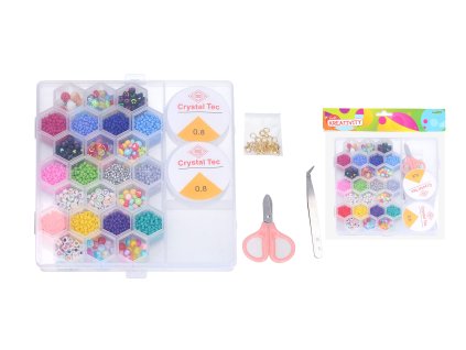 Korálky set + provázky + nůžky + zapínání + pinzeta