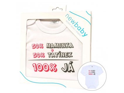 Body s potiskem New Baby 50% MAMINKA + 50% TATÍNEK - 100% JÁ růžové - dárkové balení