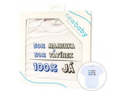 Body s potiskem New Baby 50% MAMINKA + 50% TATÍNEK - 100% JÁ modré - dárkové balení - vel. 50