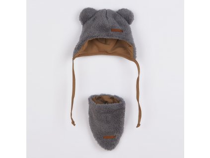Zimní kojenecká čepička s šátkem na krk New Baby Teddy bear šedá - vel. 74 (6-9m)