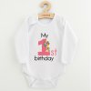 Dětské body s potiskem New Baby My first birthday pink - vel. 80 (9-12m)