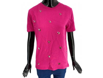 Dámské tričko s krátkým rukávem, ETAM, růžové ozdobené flitrovými srdíčky
