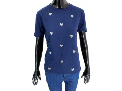 Dámské tričko s krátkým rukávem, ETAM, tmavě modré barvy ozdobené flitrovými srdíčky