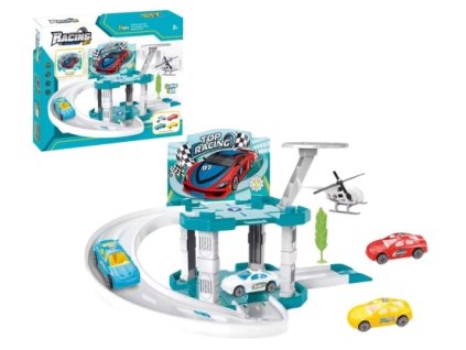 Parkovací garáž s heliportem, vrtulníkem a závodním autem