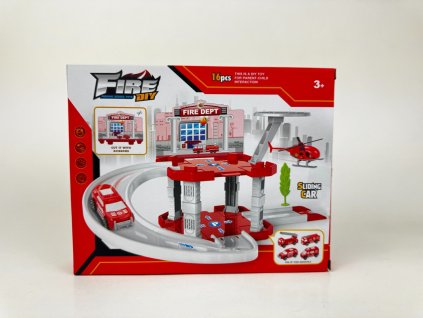 Parkovací garáž s heliportem, vrtulníkem a hasičskými autem