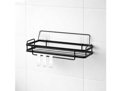 Nástěnná koupelnová polička s háčky – černá