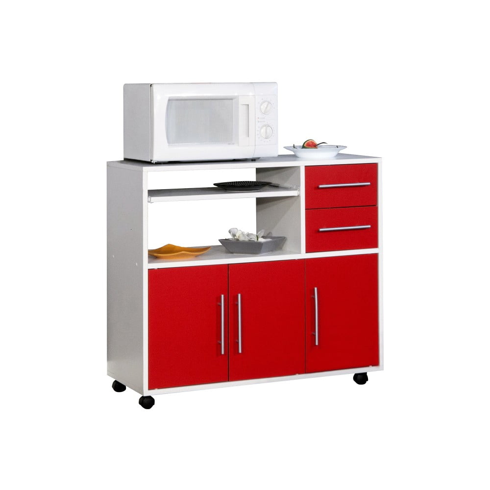 Červeno-bílý pojízdný kuchyňský úložný prostor s policemi TemaHome Marius