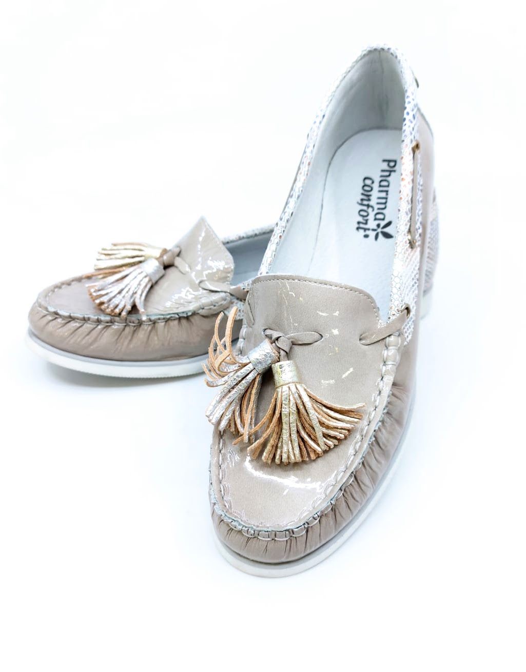 Dámské kožené mokasíny Pharma Comfort, lakované béžové *Velikosti textil: 38