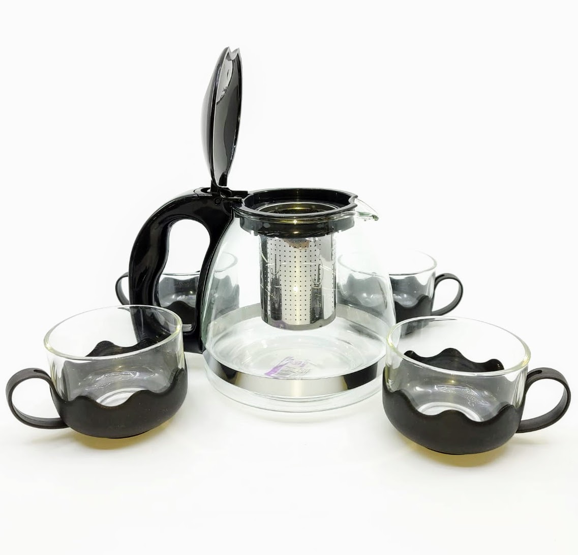 Čajová souprava - skleněná konvička se sítkem + 4 šálky